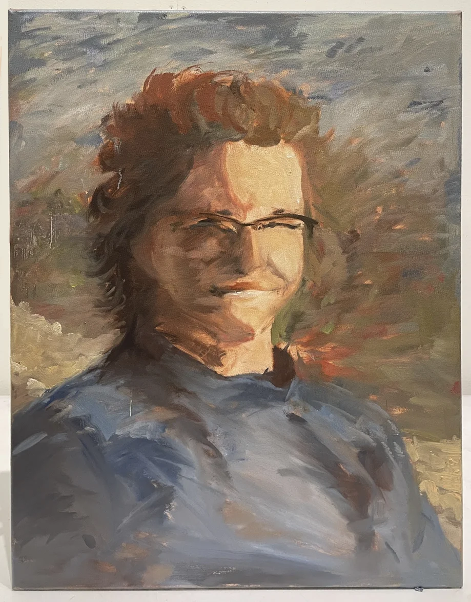 A dude with messy brown hair and glasses, rocking a blue shirt, stands against a colorful, impressionistic backdrop with splashes of red, blue, and green. The painting's got a textured, almost abstract vibe, with bold brush strokes giving off a lively, expressive feel.